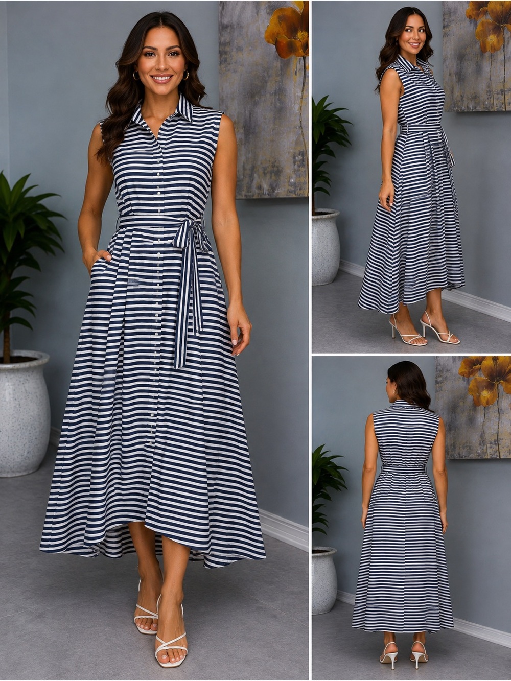 GAP Navy and White Striped High-Low Shirt Dress